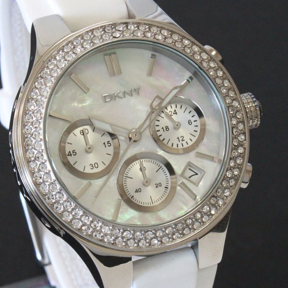 DNKY Women's Chronograph Crystal Bezel Mother Of Pearl Dial Silicone Strap 38mm - Picture 8 of 14